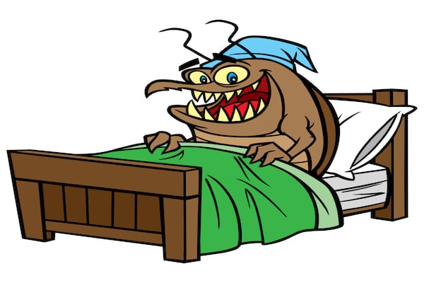 cartoon bedbug smiling in bed